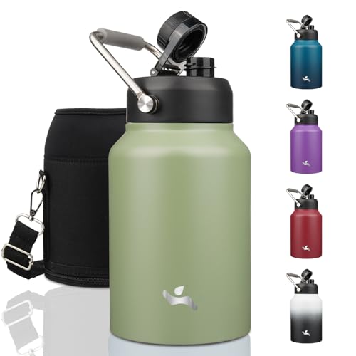 Konokyo Half Gallon Jug with Handle,64 oz Insulated Water Bottle with Carrying Pouch,Double Wall Vacuum Stainless Steel Metal Bottle,Camp Green - Image 1