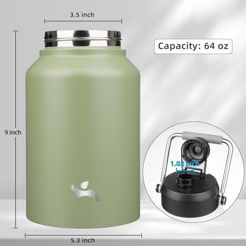 Konokyo Half Gallon Jug with Handle,64 oz Insulated Water Bottle with Carrying Pouch,Double Wall Vacuum Stainless Steel Metal Bottle,Camp Green - Image 2