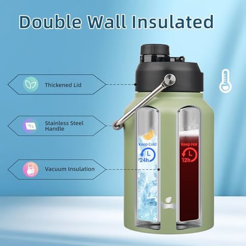 Konokyo Half Gallon Jug with Handle,64 oz Insulated Water Bottle with Carrying Pouch,Double Wall Vacuum Stainless Steel Metal Bottle,Camp Green - Image 3