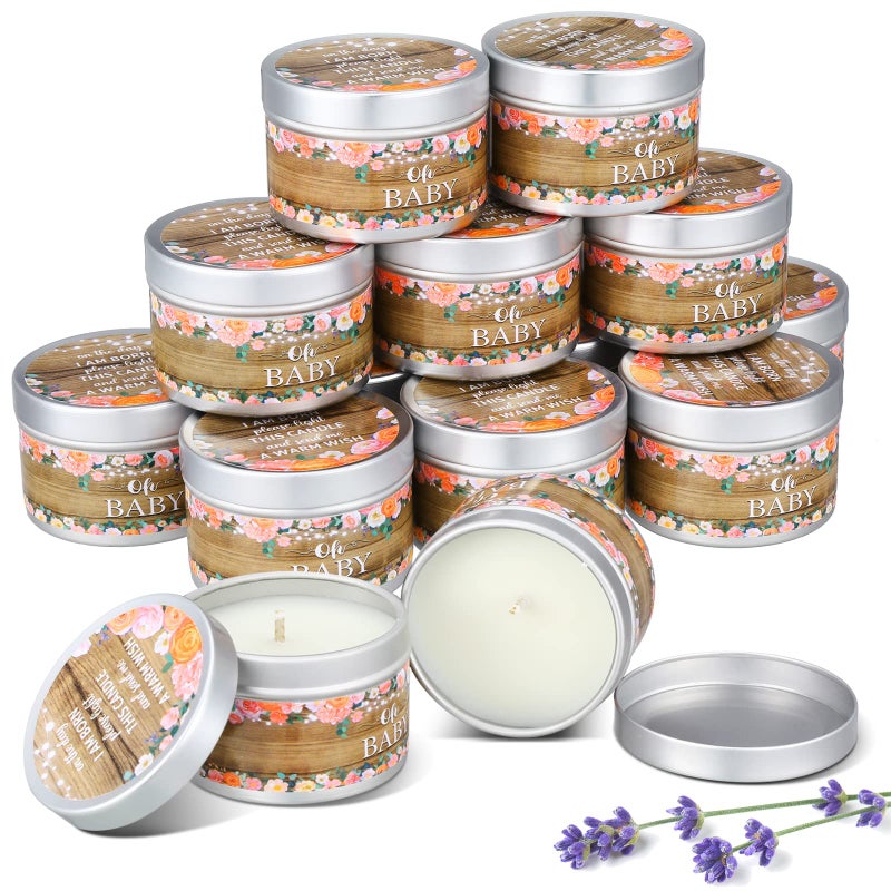Funtery 12 Pcs Baby Shower Favors for Guests Baby Shower Decorations Floral Lavender Scented Candles Gender Reveal Candle Rustic Tealight Return GiftFlower