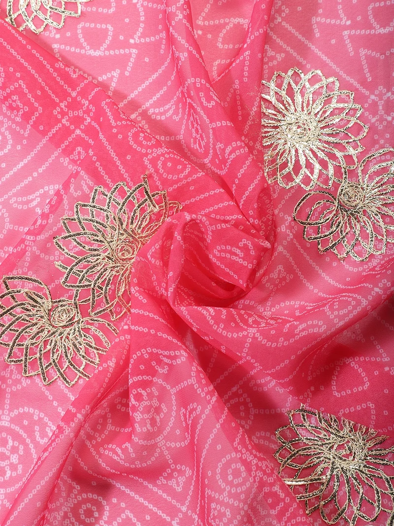 AKS Pink Bandhani Print Fabric with Metallic Flower Appliqués