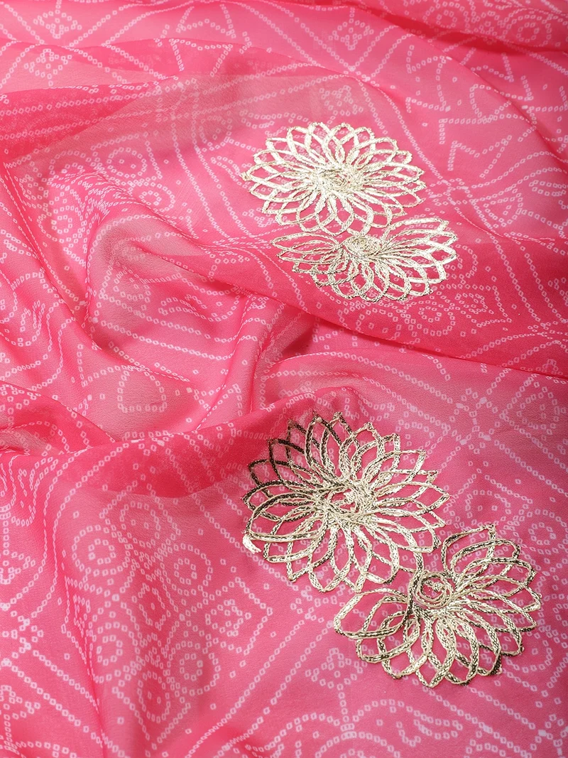 AKS Pink Bandhani Print Fabric with Metallic Flower Appliqués