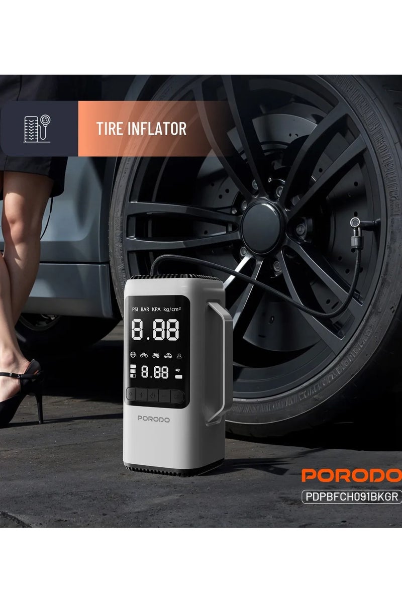 بورودو أداة كهربائية متعددة الوظائف 6 في 1 / جهاز بدء تشغيل، بنك طاقة، مكنسة كهربائية للسيارة، منفاخ إطارات، منفاخ، وضع SOS LED / ضاغط هواء / بطارية قابلة لإعادة الشحن 8000 مللي أمبير / تيار أقصى 1000 أمبير / ضغط 150 رطل لكل بوصة مربعة / أداة سيارة متعددة الاستخدامات لحالات الطوارئ - أسود/رمادي - Image 3