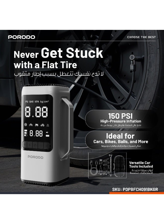 porodo 6 in 1 Multi-Function Power Tool / Jump Starter, Power Bank, Car Vacuum, Tire Inflator, Blower, LED SOS Mode / Air Compressor / 8000 mAh Rechargeable Battery / 1000A Max Current / 150PSI Pressure / Versatile Car Tool for Emergencies - Black/Grey - Image 4