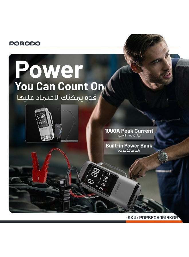 porodo 6 in 1 Multi-Function Power Tool / Jump Starter, Power Bank, Car Vacuum, Tire Inflator, Blower, LED SOS Mode / Air Compressor / 8000 mAh Rechargeable Battery / 1000A Max Current / 150PSI Pressure / Versatile Car Tool for Emergencies - Black/Grey - Image 3
