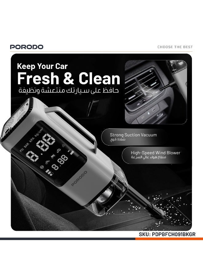 porodo 6 in 1 Multi-Function Power Tool / Jump Starter, Power Bank, Car Vacuum, Tire Inflator, Blower, LED SOS Mode / Air Compressor / 8000 mAh Rechargeable Battery / 1000A Max Current / 150PSI Pressure / Versatile Car Tool for Emergencies - Black/Grey - Image 2