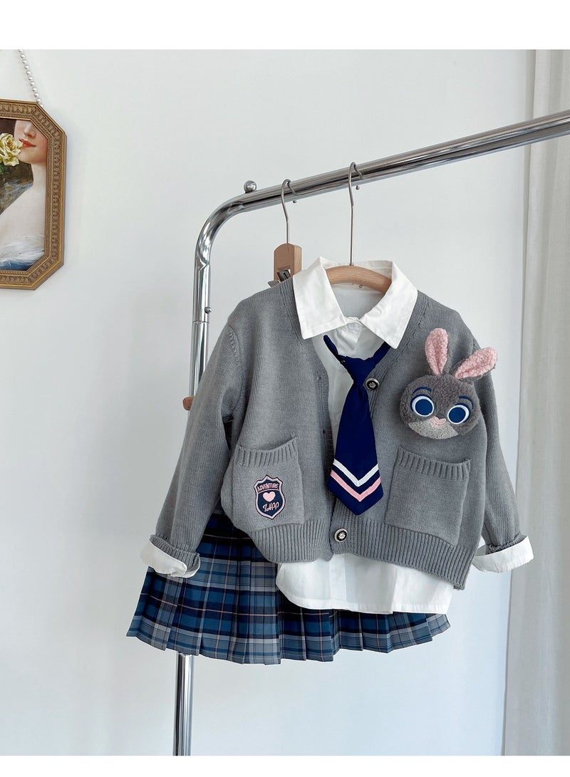 College Style Set Of Girls' Knitted Cardigan White Shirt Plaid Pleated Skirt Three Piece Set - Image 1