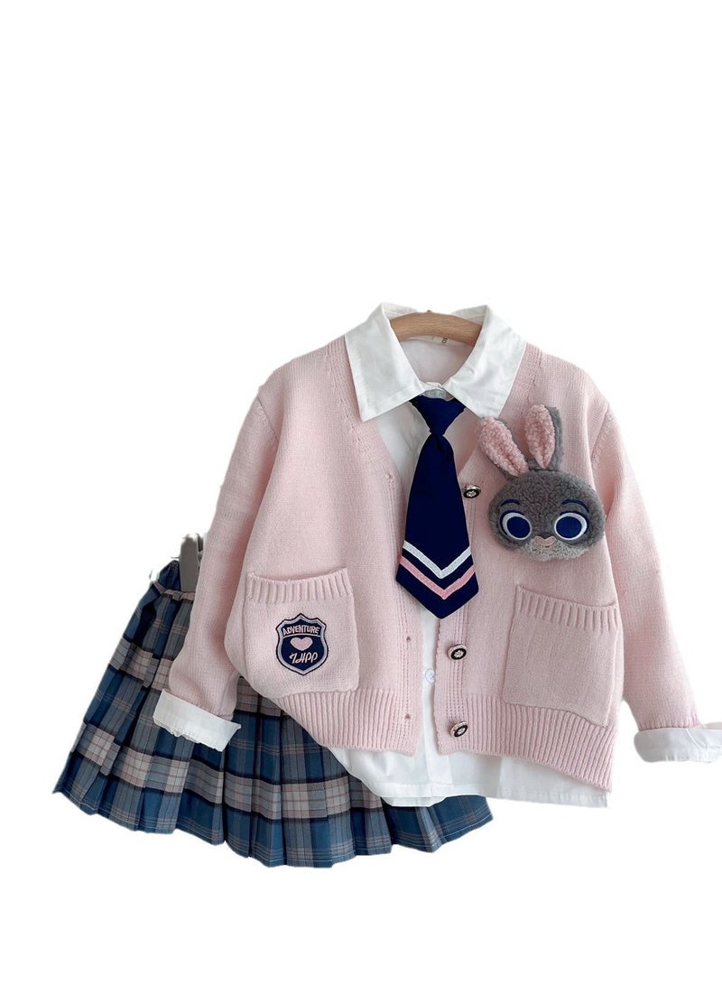 College Style Set Of Girls' Knitted Cardigan White Shirt Plaid Pleated Skirt Three Piece Set - Image 5