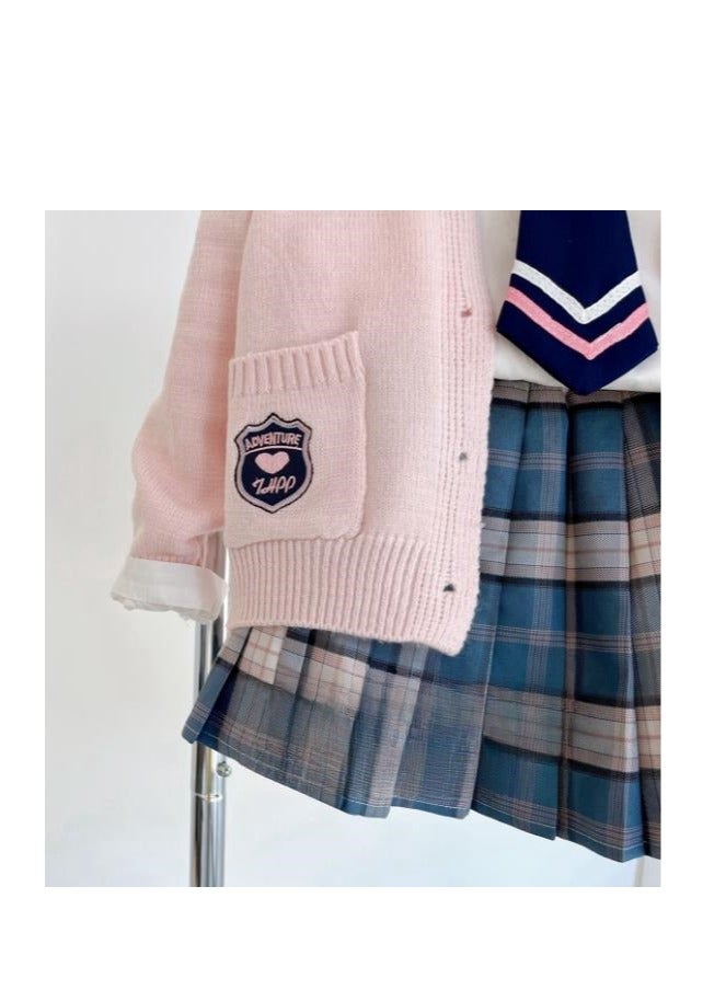 College Style Set Of Girls' Knitted Cardigan White Shirt Plaid Pleated Skirt Three Piece Set - Image 4