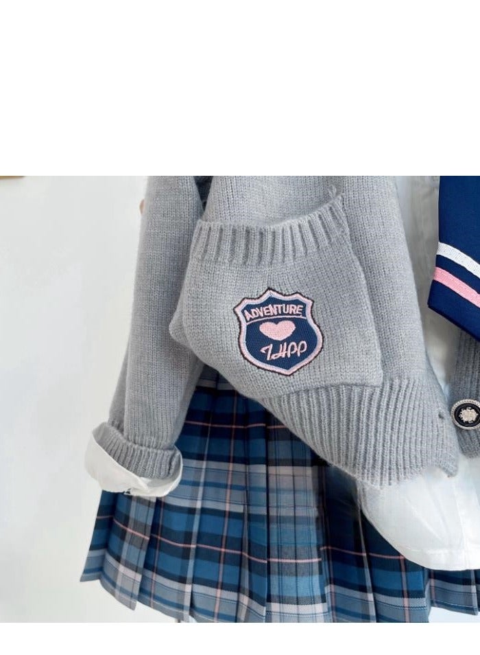 College Style Set Of Girls' Knitted Cardigan White Shirt Plaid Pleated Skirt Three Piece Set - Image 2