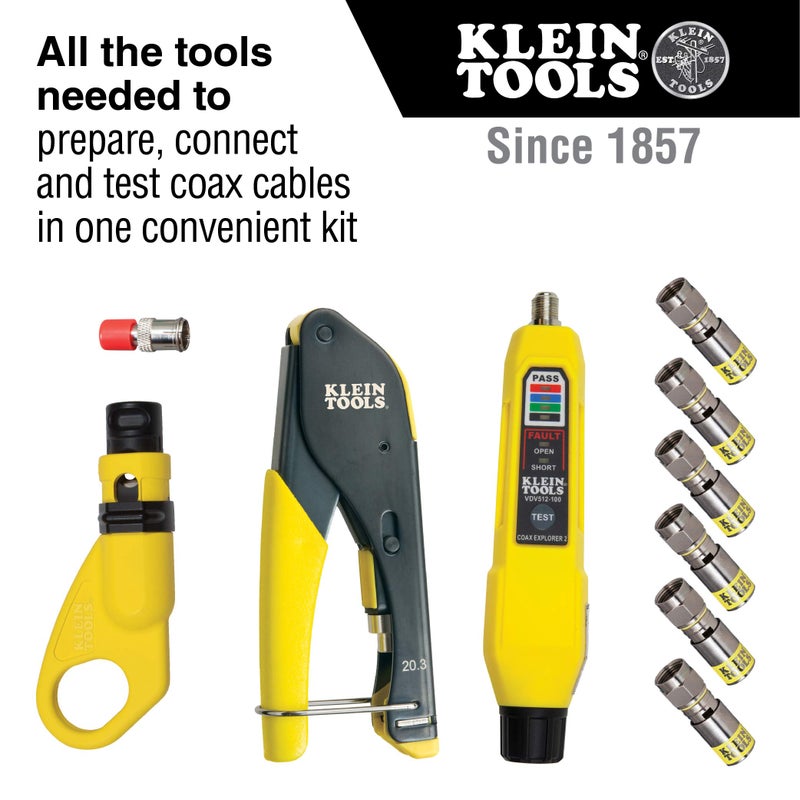 Klein Tools VDV002-818 Coax Install and Test Kit with Crimp Tool, Includes Tester, Stripper and Universal F Connectors - Image 2