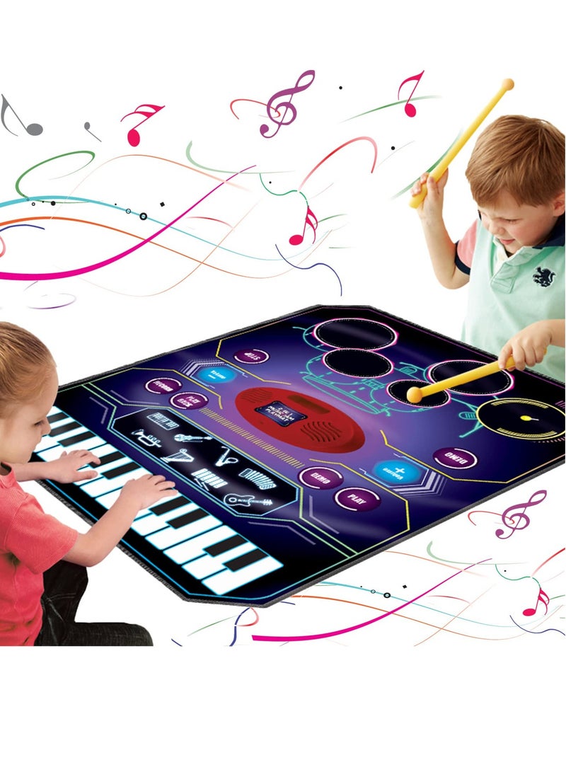 SYOSI Jazz Drum Electronic Organ Music Mat for Boys Girls 2 in 1 Kids Music Learning Toys Drum Set and Piano Mat Record and Playback Built in Songs 8 Instrument Sounds 24 Keys Birthday Gifts for Toddler