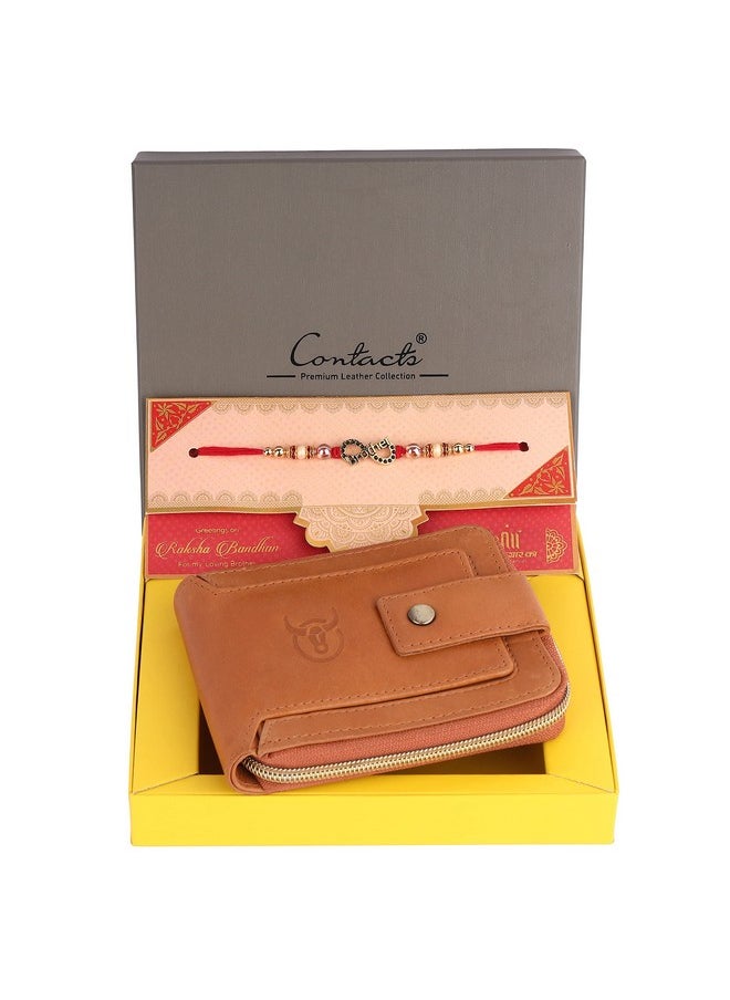 CONTACTS Contacts Men's RFID Blocking Wallet | Genuine Leather Wallet for Men with Rakhi | Gift Set for Brother, Combo (Beige)…  - Image 2