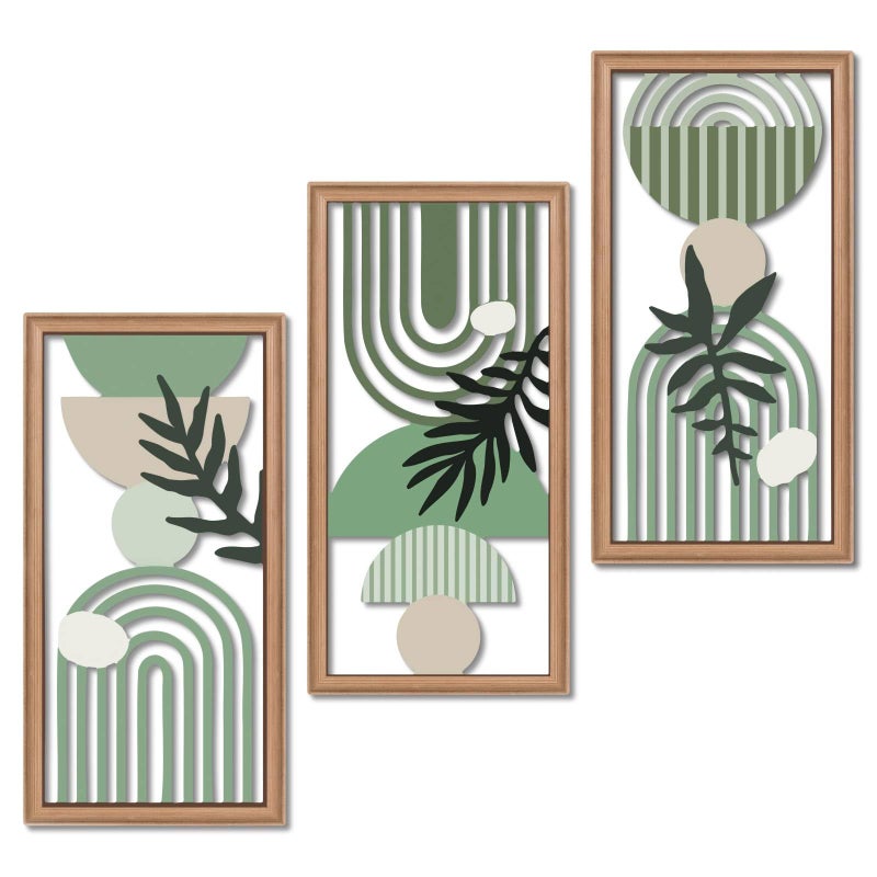 Putuo Decor Boho Wall Art Set of 3 Green Botanical Wooden Wall Decor Abstract Aesthetic Room Decorations MidCentury Modern Artwork for Living Room Bedroom Office Green 165 x 86 inch - Image 2