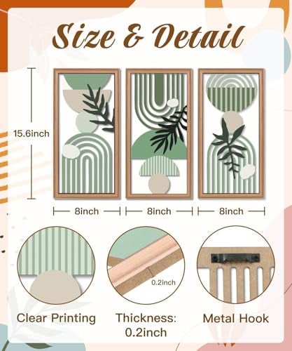 Putuo Decor Boho Wall Art Set of 3 Green Botanical Wooden Wall Decor Abstract Aesthetic Room Decorations MidCentury Modern Artwork for Living Room Bedroom Office Green 165 x 86 inch - Image 3