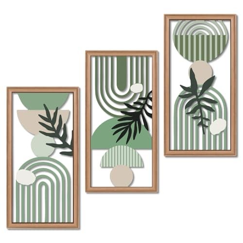 Putuo Decor Boho Wall Art Set of 3 Green Botanical Wooden Wall Decor Abstract Aesthetic Room Decorations MidCentury Modern Artwork for Living Room Bedroom Office Green 165 x 86 inch - Image 1