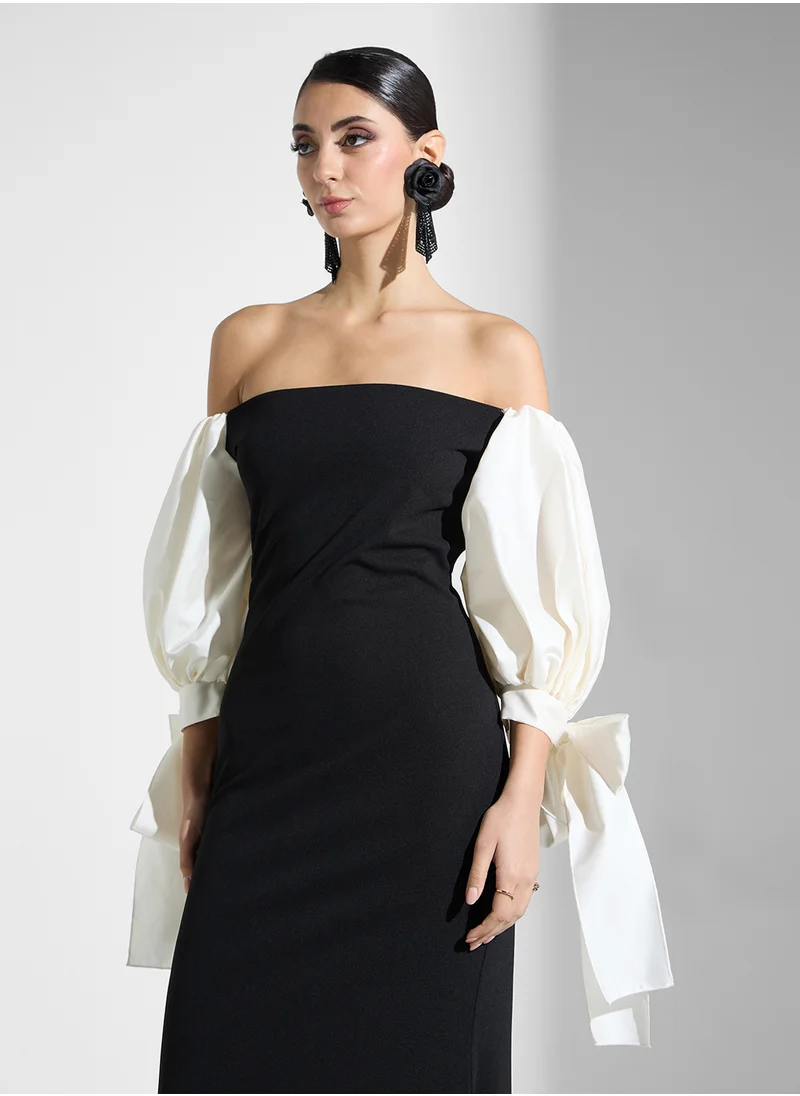 Namshi x Contrast Toned Dress With Detachable Puff Sleeve