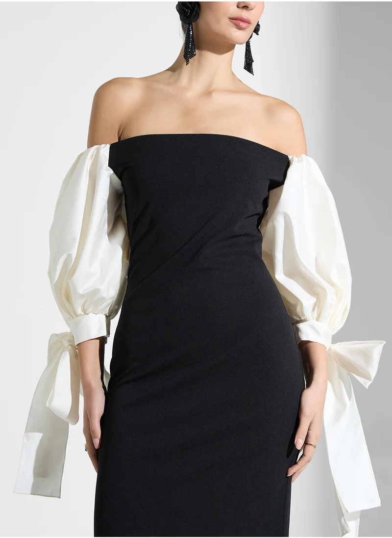 Namshi x Contrast Toned Dress With Detachable Puff Sleeve
