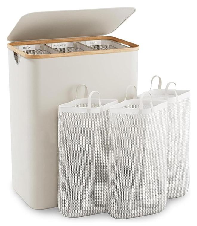 بيوينتي سلة الغسيل مع غطاء 3 أقسام كبيرة الحجم سلة الغسيل مع فصل سلة الغسيل ، حقيبة قابلة للفك ، ومناسبة للحمام وغرفة نوم ( بيج 140L 3 أقسام ) - Image 1