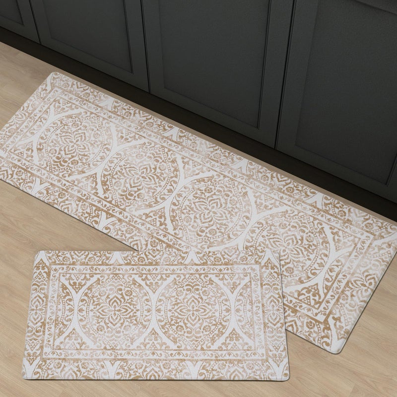 FRESHMINT 2 Piece Set Boho Kitchen Mats for Floor Bohemian Distressed Anti Fatigue Kitchen Rugs Vintage Farmhouse Cushioned Kitchen Runners for Standing Waterproof  NonSkid Comfort Khaki Tan