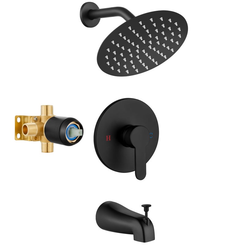 Airuida Bathroom Tub Shower Faucet Set Shower Head and Handle Set Bathtub Faucet Set Complete with Roughin Valve Trim Kit with 8 Inch Round Shower Head Matte Black