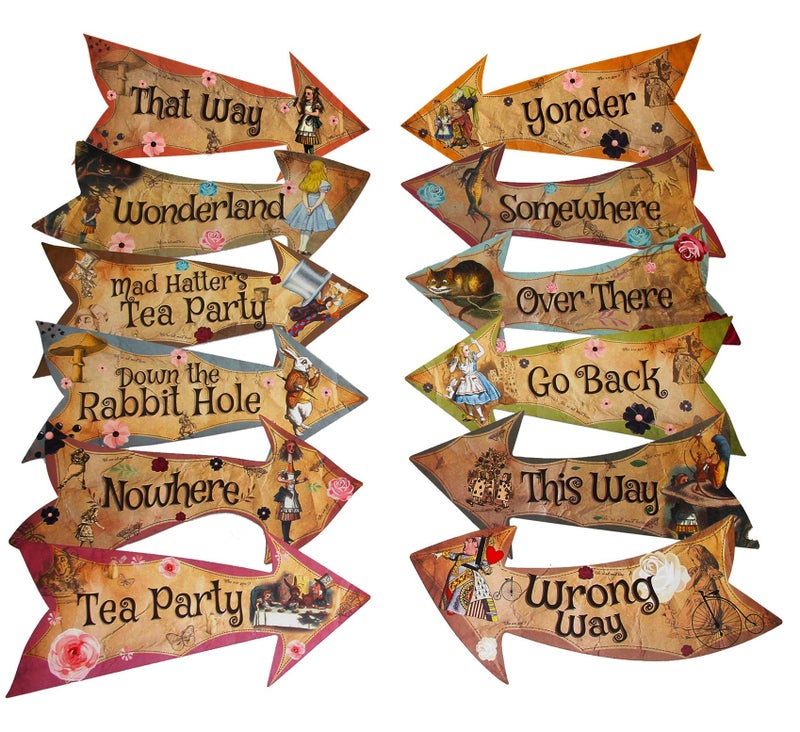 ASVP Shop Alice in Wonderland Party Vintage Style Arrow Signs/Mad Hatters Tea Party Props Pack of 12 Signs - Image 1