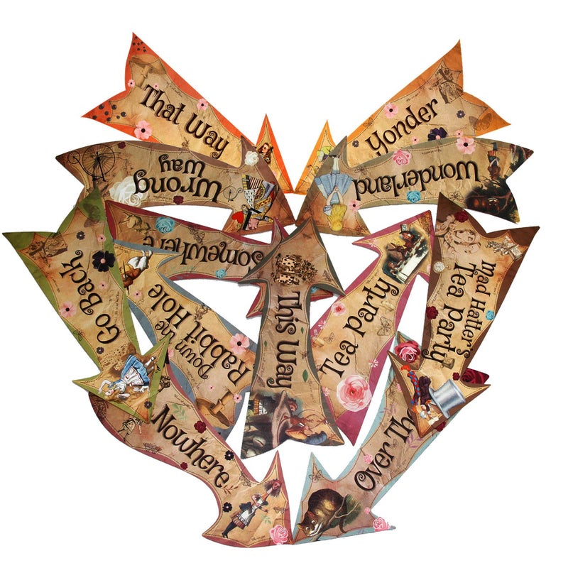 ASVP Shop Alice in Wonderland Party Vintage Style Arrow Signs/Mad Hatters Tea Party Props Pack of 12 Signs - Image 4