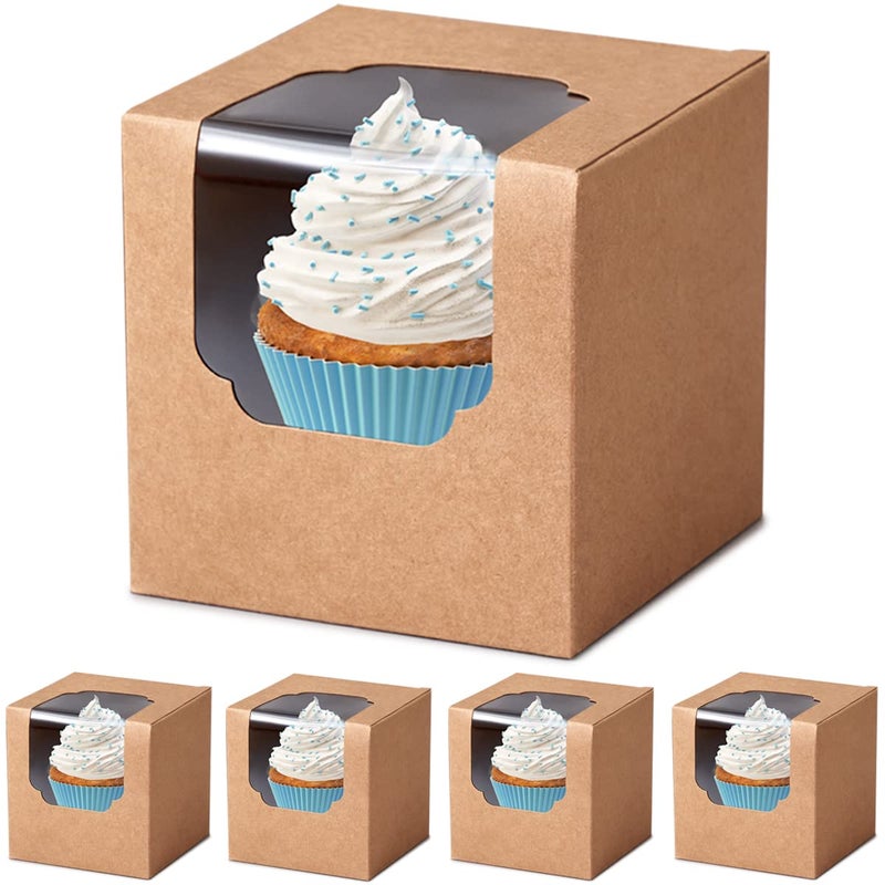 Shallive Kraft Cupcake Boxes Individual 60 Pcs with Inserts, Cocoa Bomb Packaing Single Brown Cupcake Containers Paper 3.5" Holders for Cookies, Pastries,Wedding Baby Shower Birthday Graduation - Image 1