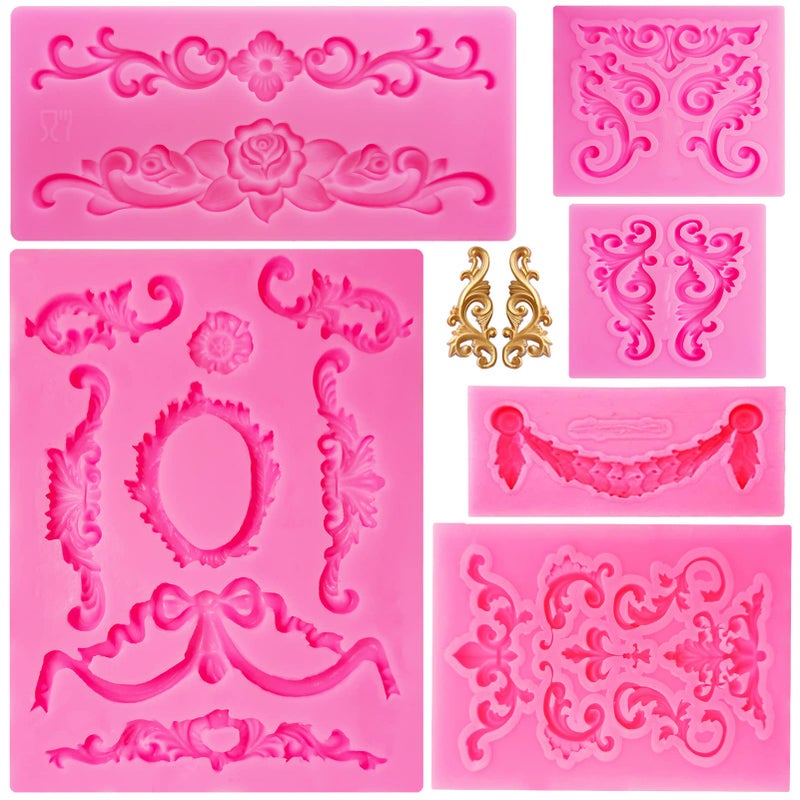 Baroque Style Silicone Molds Curlicues Scroll Lace Fondant Molds Vintage Relief Flower Mould Filigree 3D Clay Mold for Gummy Sugar Cookie Pastry Chocolate Mold for Clay Cupcake Topper Decor6Pcs