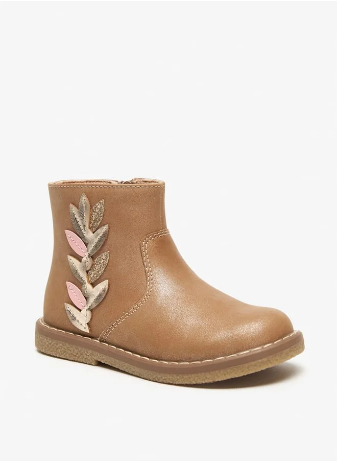 جونيورز Girls Leaf Applique Ankle Boots with Zip Closure