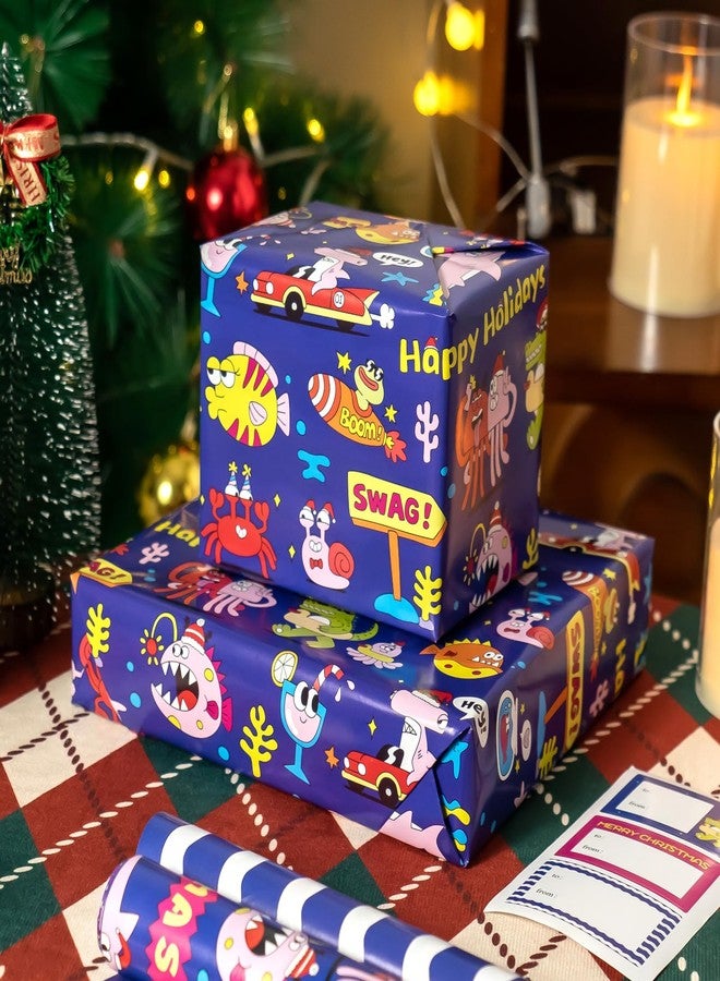 EWES Kids Christmas Wrapping Paper Rolls Set, Blue Funny Heavy Duty Premium Gift Wrap, Cute Pattern with Shark,Octopus,Crocodile,Reversible, Total 28.5sq.ft - Image 3