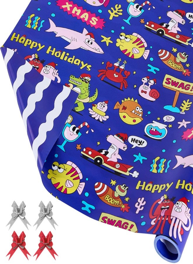 EWES Kids Christmas Wrapping Paper Rolls Set, Blue Funny Heavy Duty Premium Gift Wrap, Cute Pattern with Shark,Octopus,Crocodile,Reversible, Total 28.5sq.ft - Image 1