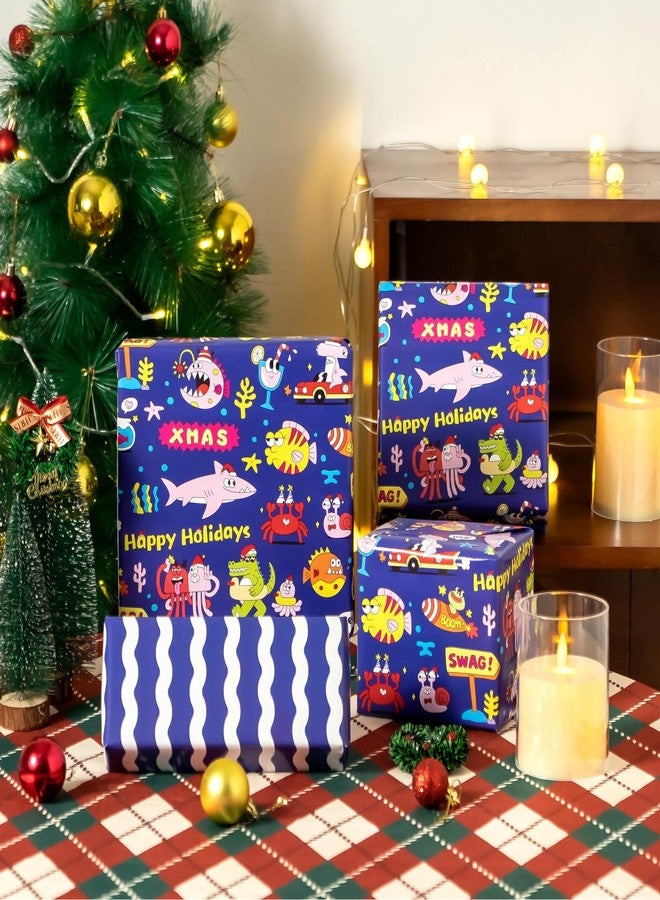 EWES Kids Christmas Wrapping Paper Rolls Set, Blue Funny Heavy Duty Premium Gift Wrap, Cute Pattern with Shark,Octopus,Crocodile,Reversible, Total 28.5sq.ft - Image 4