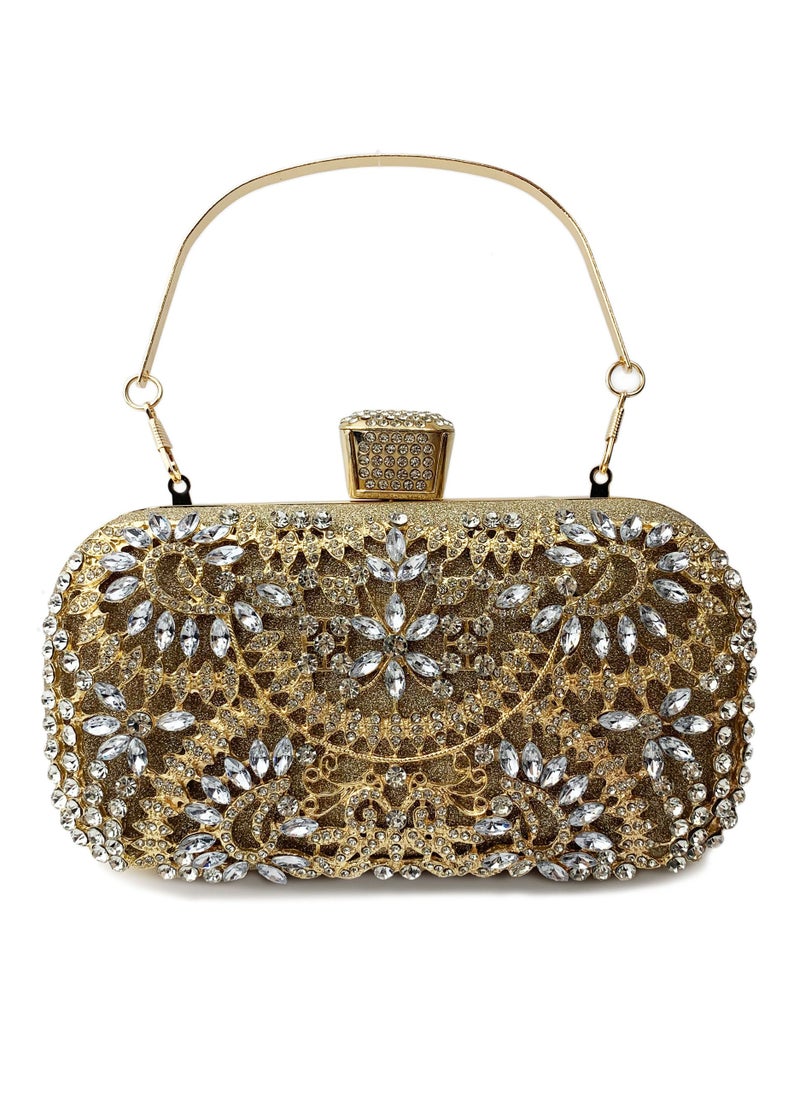 Loquat - Womens Shiny Rhinestones Decoration Clutch Purses Evening Crossbody Bag Chain Handbag for Wedding Cocktail Party Prom Gold - Image 1