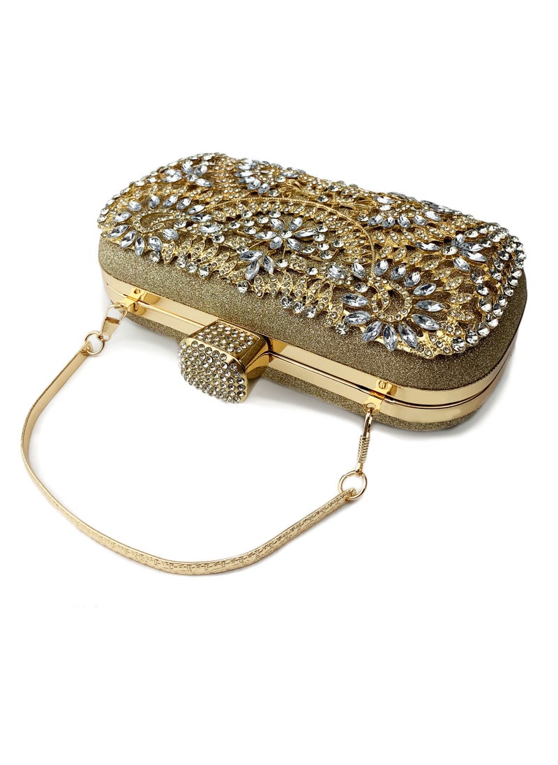 Loquat - Womens Shiny Rhinestones Decoration Clutch Purses Evening Crossbody Bag Chain Handbag for Wedding Cocktail Party Prom Gold - Image 1