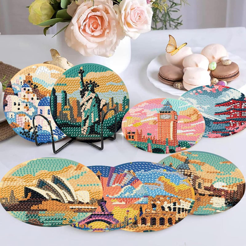 NEGEKFKX 8 Pcs Famous buildings Diamond Art Painting Coasters Kits,Landscape Coaster with Holder for Adults, Non-Slip DIY Dot Paint Craft Kits,5D Full Drill DIY Diamond Dot Gem Art Kit Home Decor Arts Craft - Image 2