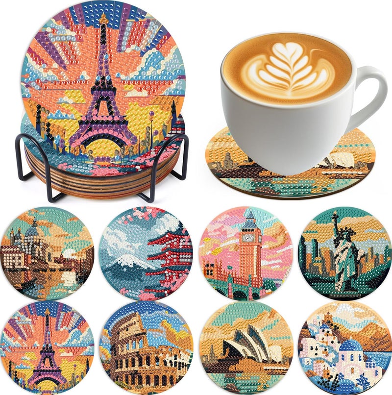 NEGEKFKX 8 Pcs Famous buildings Diamond Art Painting Coasters Kits,Landscape Coaster with Holder for Adults, Non-Slip DIY Dot Paint Craft Kits,5D Full Drill DIY Diamond Dot Gem Art Kit Home Decor Arts Craft - Image 1