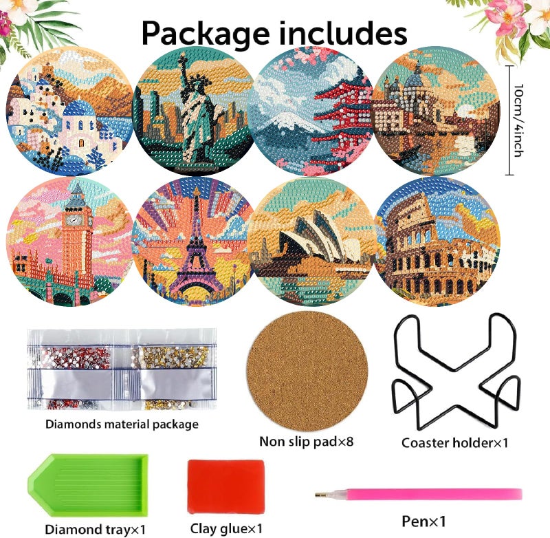 NEGEKFKX 8 Pcs Famous buildings Diamond Art Painting Coasters Kits,Landscape Coaster with Holder for Adults, Non-Slip DIY Dot Paint Craft Kits,5D Full Drill DIY Diamond Dot Gem Art Kit Home Decor Arts Craft - Image 4