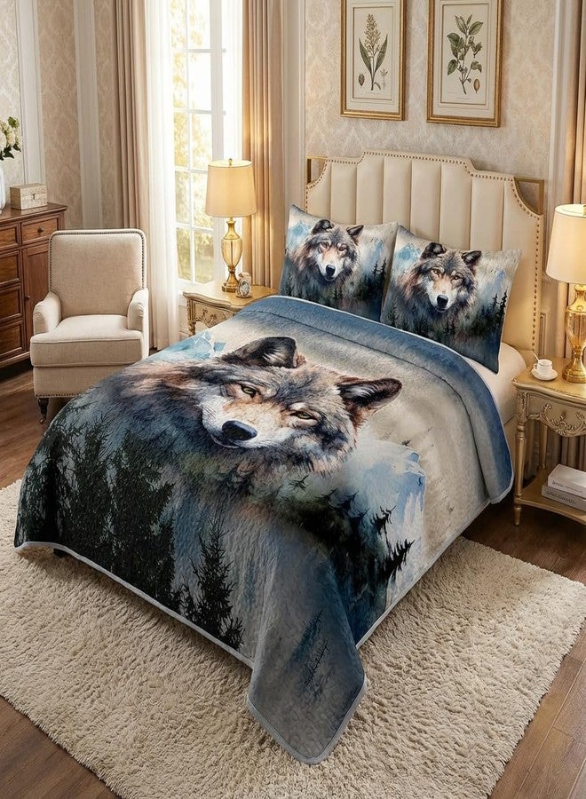 AILONEN Wolf Quilt Bedding Sets Twin Size, Boys Safari Wolf Quilt Set Printed - 3 Pieces,Timberwolves Bedspread Coverlet Set Soft Microfiber Quilt & 2 Pillowcases - Image 2