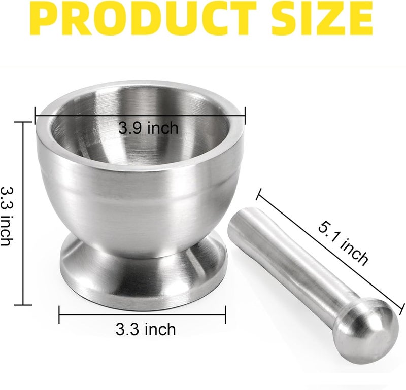 بيكيث Bekith Mortar and Pestle Sets 18/8 Brushed Stainless Steel Spice Grinder Pill Crusher Molcajete Herb Bowl - Image 2