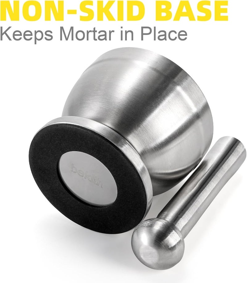 بيكيث Bekith Mortar and Pestle Sets 18/8 Brushed Stainless Steel Spice Grinder Pill Crusher Molcajete Herb Bowl - Image 4