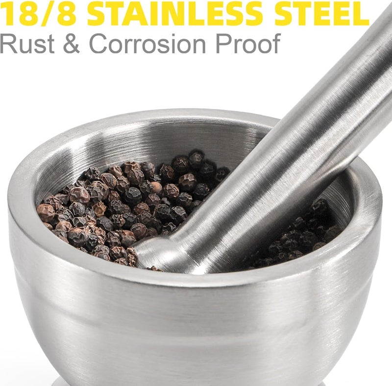 بيكيث Bekith Mortar and Pestle Sets 18/8 Brushed Stainless Steel Spice Grinder Pill Crusher Molcajete Herb Bowl - Image 3