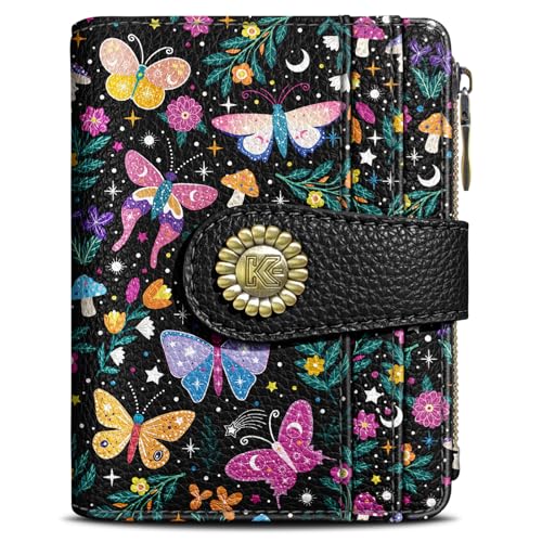 Kelvoris Butterfly Small Rfid Women Wallet Bifold Zipper Coin Pocket PU Leather Compact Cash Credit Card Holder Travel Wallet for Female Ladies Teen Girls 1 ID Window 10 Card Slots - Image 1