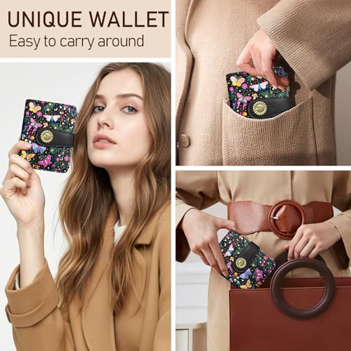 Kelvoris Butterfly Small Rfid Women Wallet Bifold Zipper Coin Pocket PU Leather Compact Cash Credit Card Holder Travel Wallet for Female Ladies Teen Girls 1 ID Window 10 Card Slots - Image 2