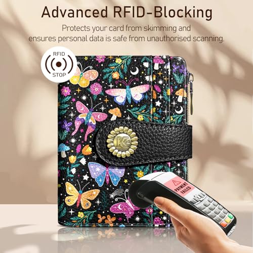 Kelvoris Butterfly Small Rfid Women Wallet Bifold Zipper Coin Pocket PU Leather Compact Cash Credit Card Holder Travel Wallet for Female Ladies Teen Girls 1 ID Window 10 Card Slots - Image 3