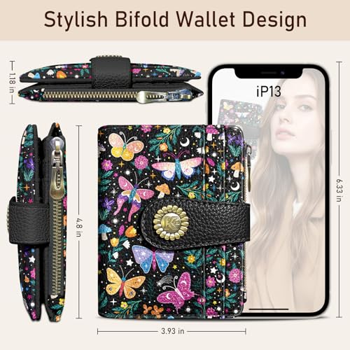 Kelvoris Butterfly Small Rfid Women Wallet Bifold Zipper Coin Pocket PU Leather Compact Cash Credit Card Holder Travel Wallet for Female Ladies Teen Girls 1 ID Window 10 Card Slots - Image 5