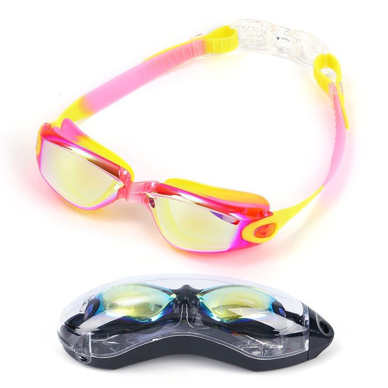 Generic Cross-border special colorful electroplated childrens swimming goggles waterproof anti-fog HD comfortable goggles adjustable glasses with glasses Colorful pink yellow with electroplating yellow (with box)