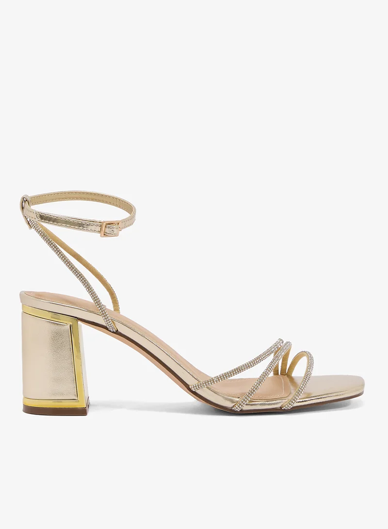 Truffle Short Block Heel Classic Sandals Gold Rhinestone Embellished