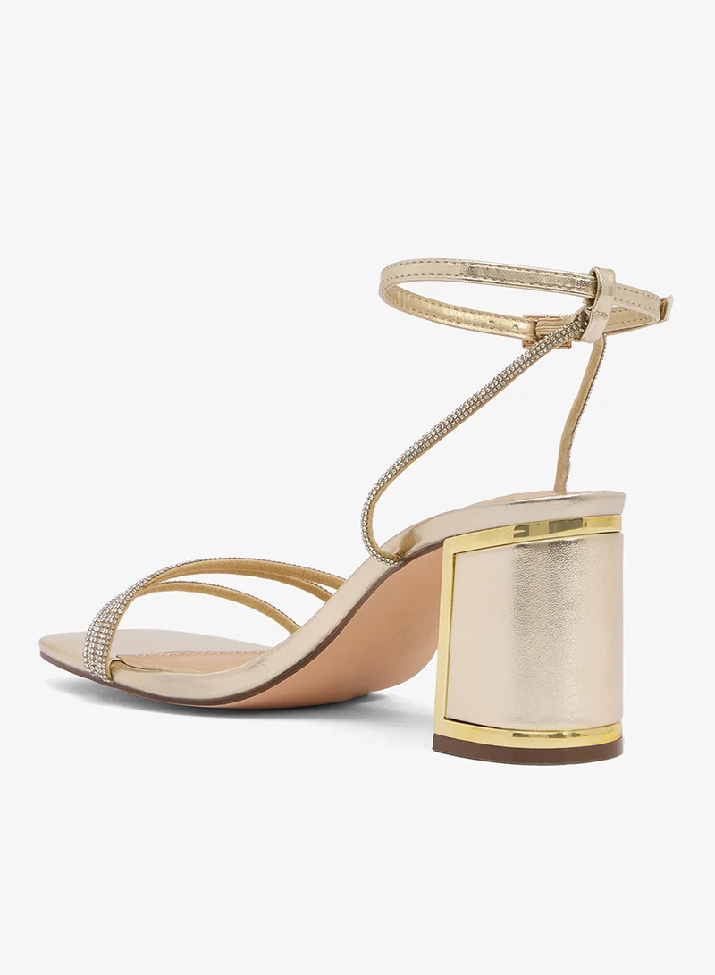 Truffle Gold Short Block Heel Classic Sandals Gold Rhinestone Embellished for Women | Best Price UAE