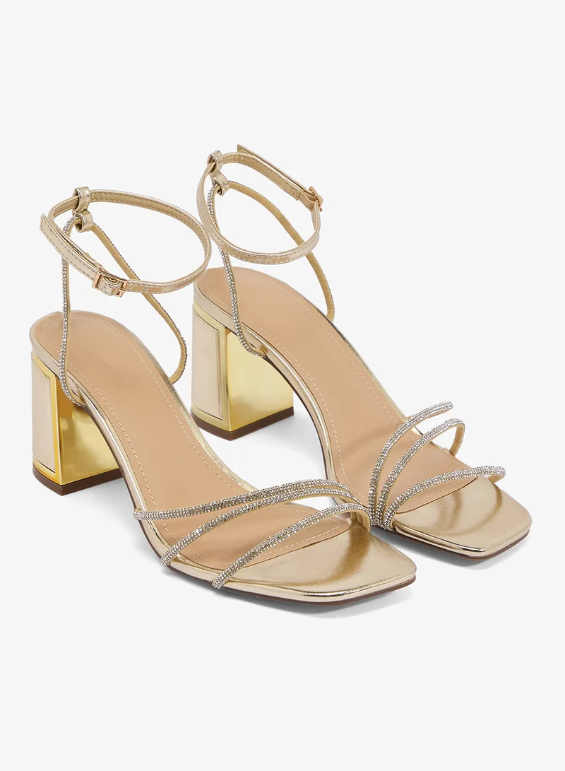 Truffle Gold Short Block Heel Classic Sandals Gold Rhinestone Embellished for Women | Best Price UAE